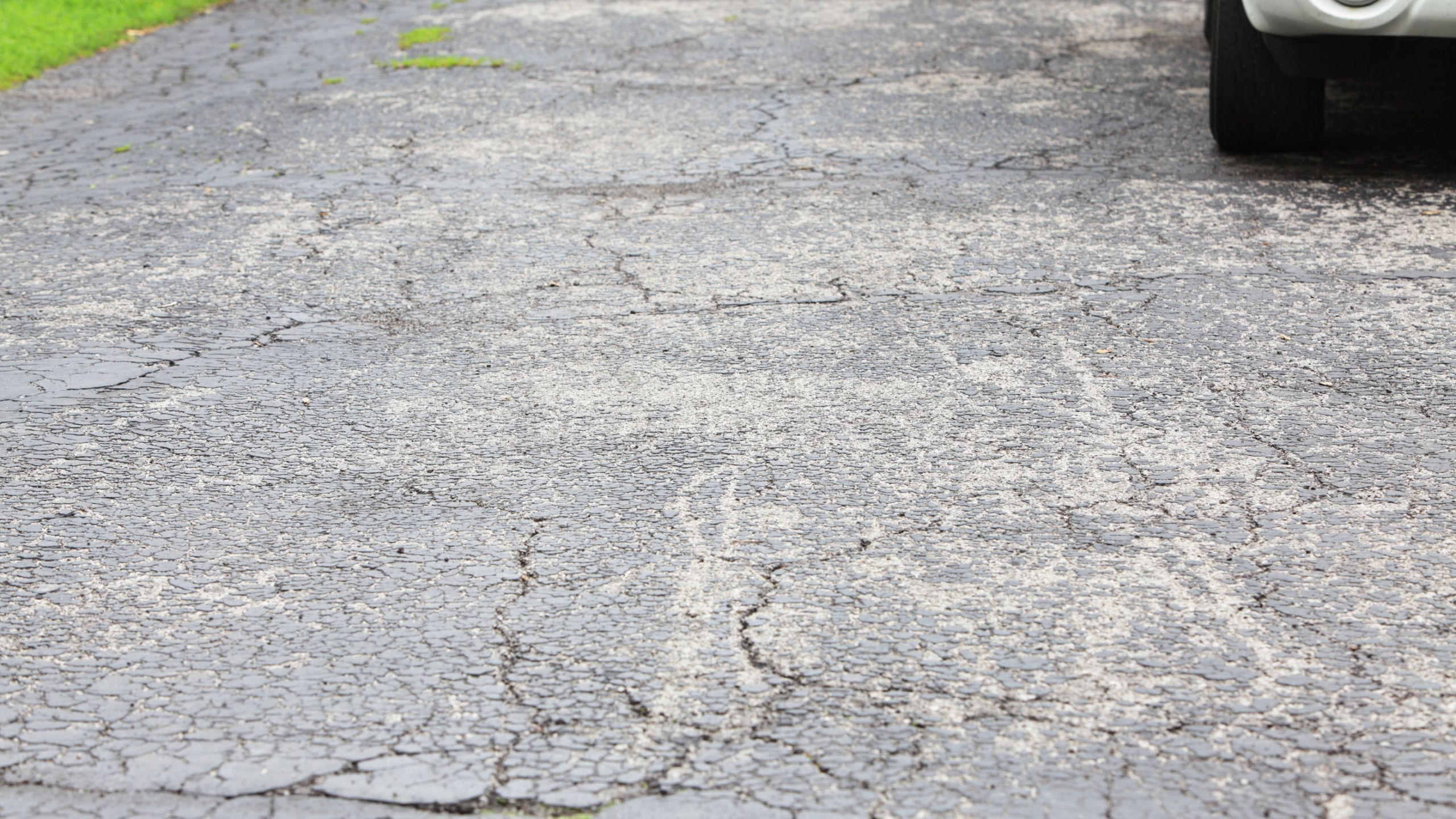 Cracked asphalt driveway, indicating need to replace a driveway.
