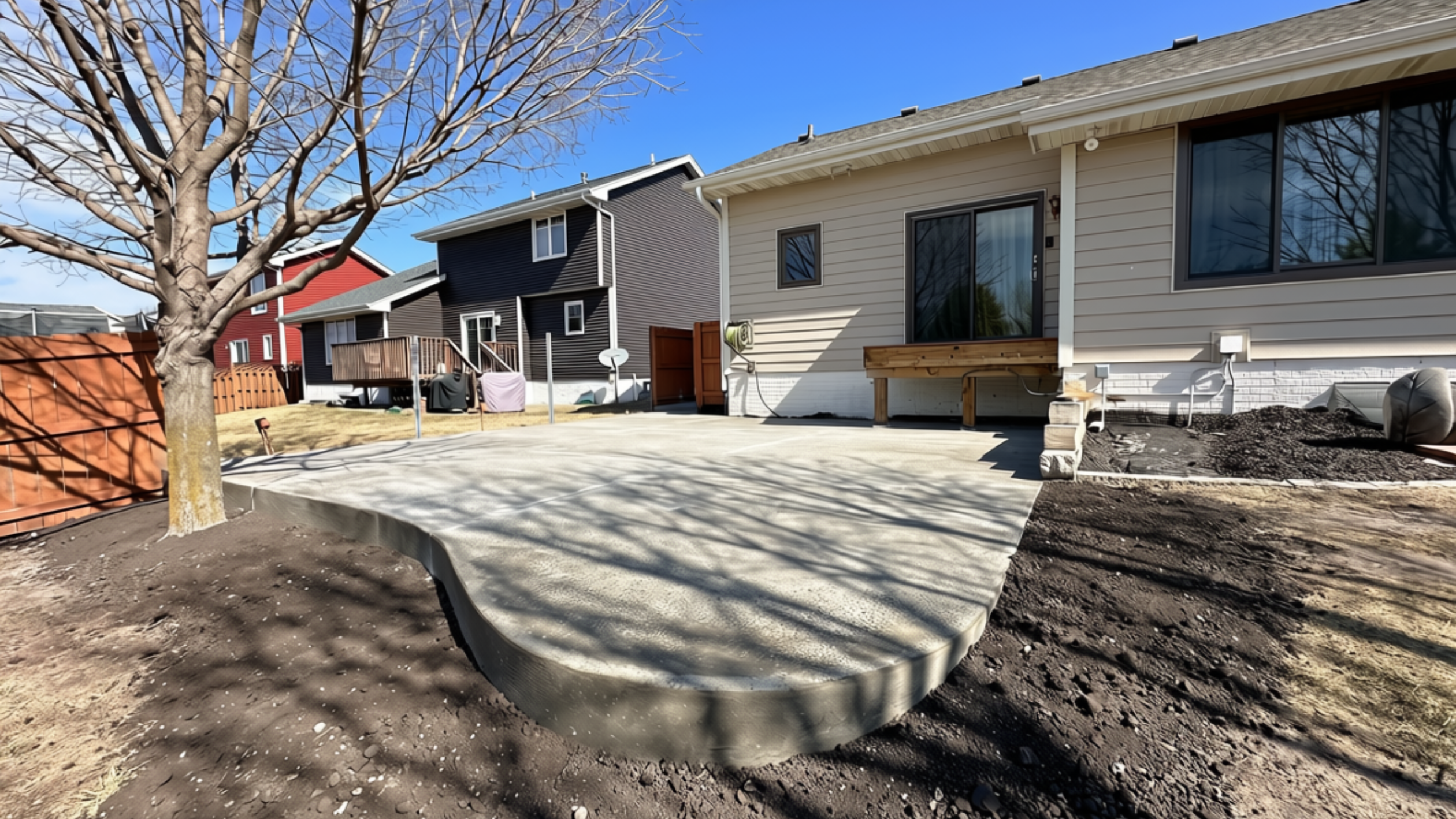New concrete patio under construction in Des Moines, IA, next to house