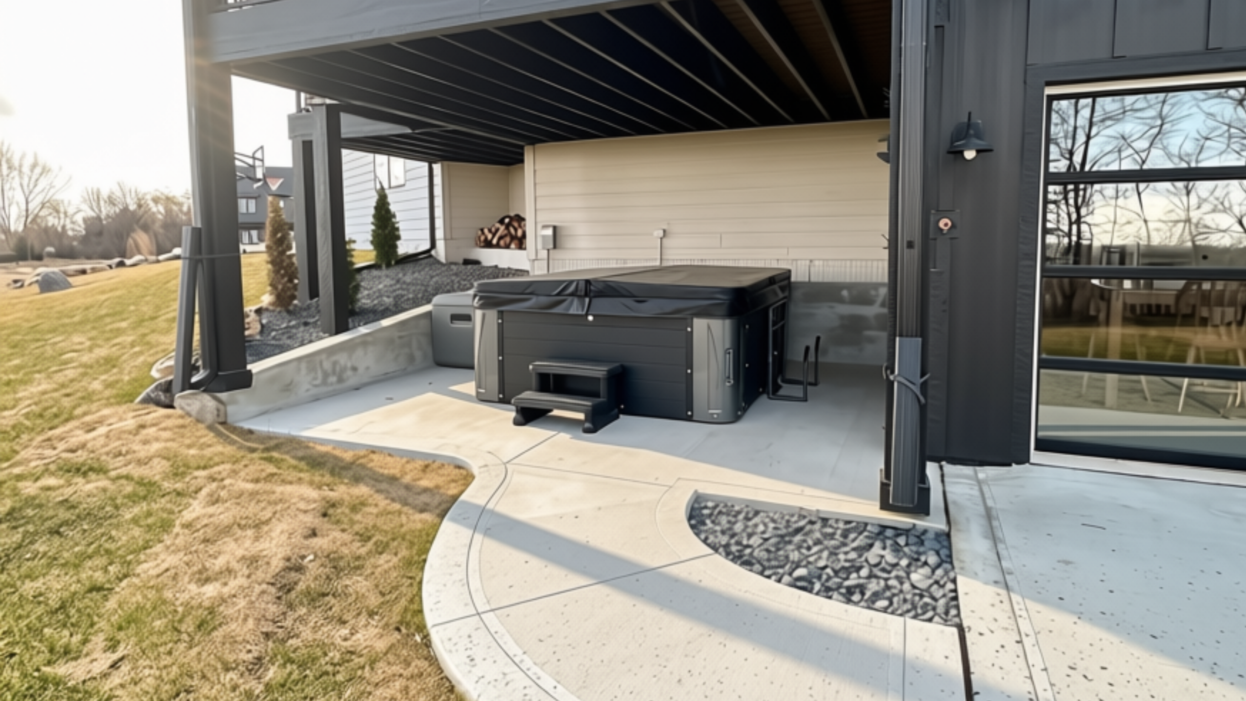 Modern backyard patio with a hot tub and concrete work.