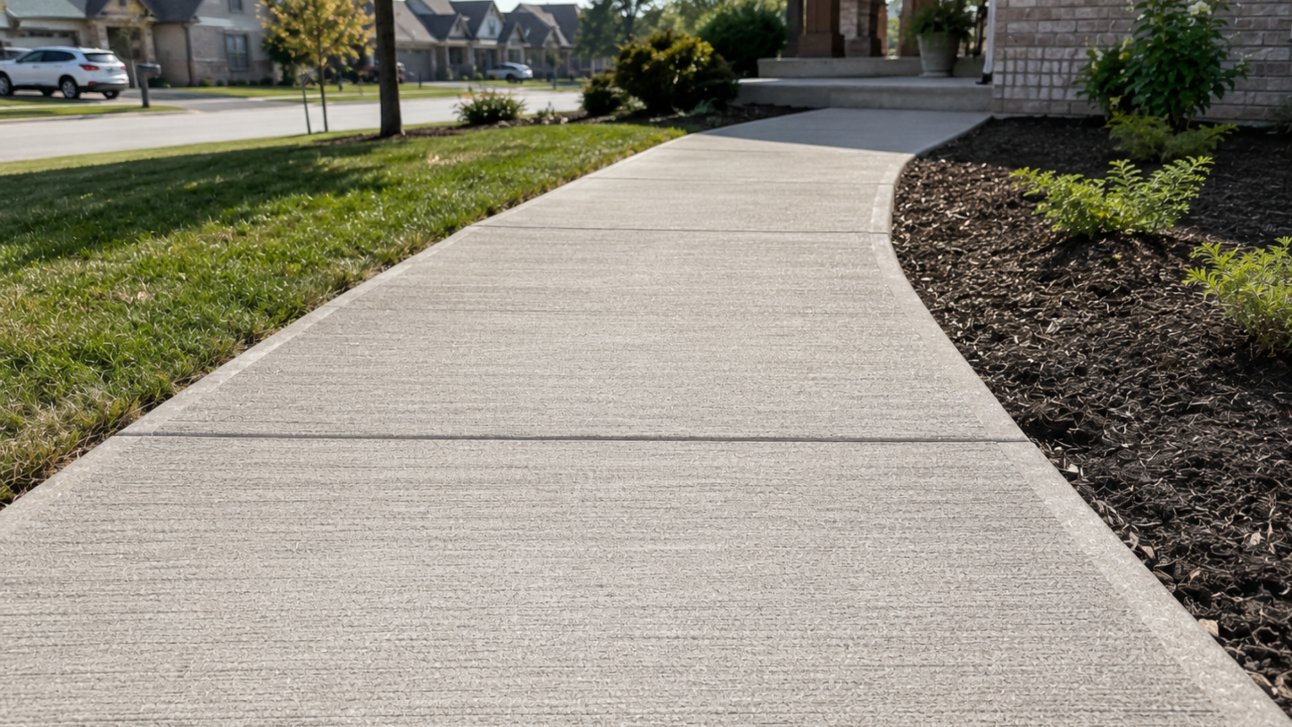 Concrete walkway in Des Moines, showing a new sidewalk installation.