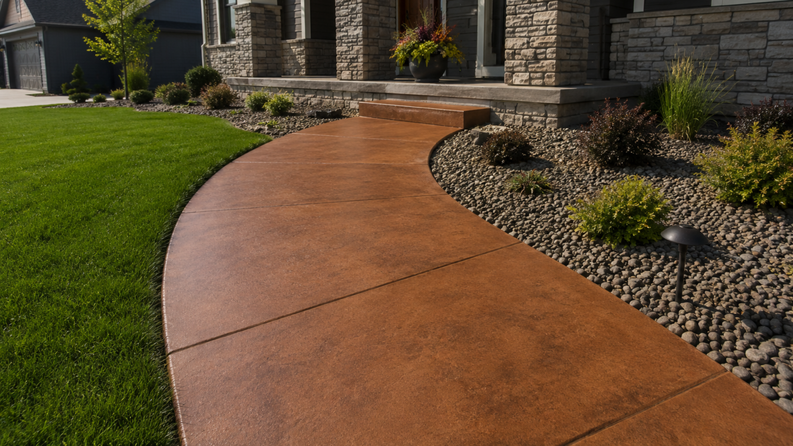 Curved, stained concrete walkway leading to a home entrance in Des Moines