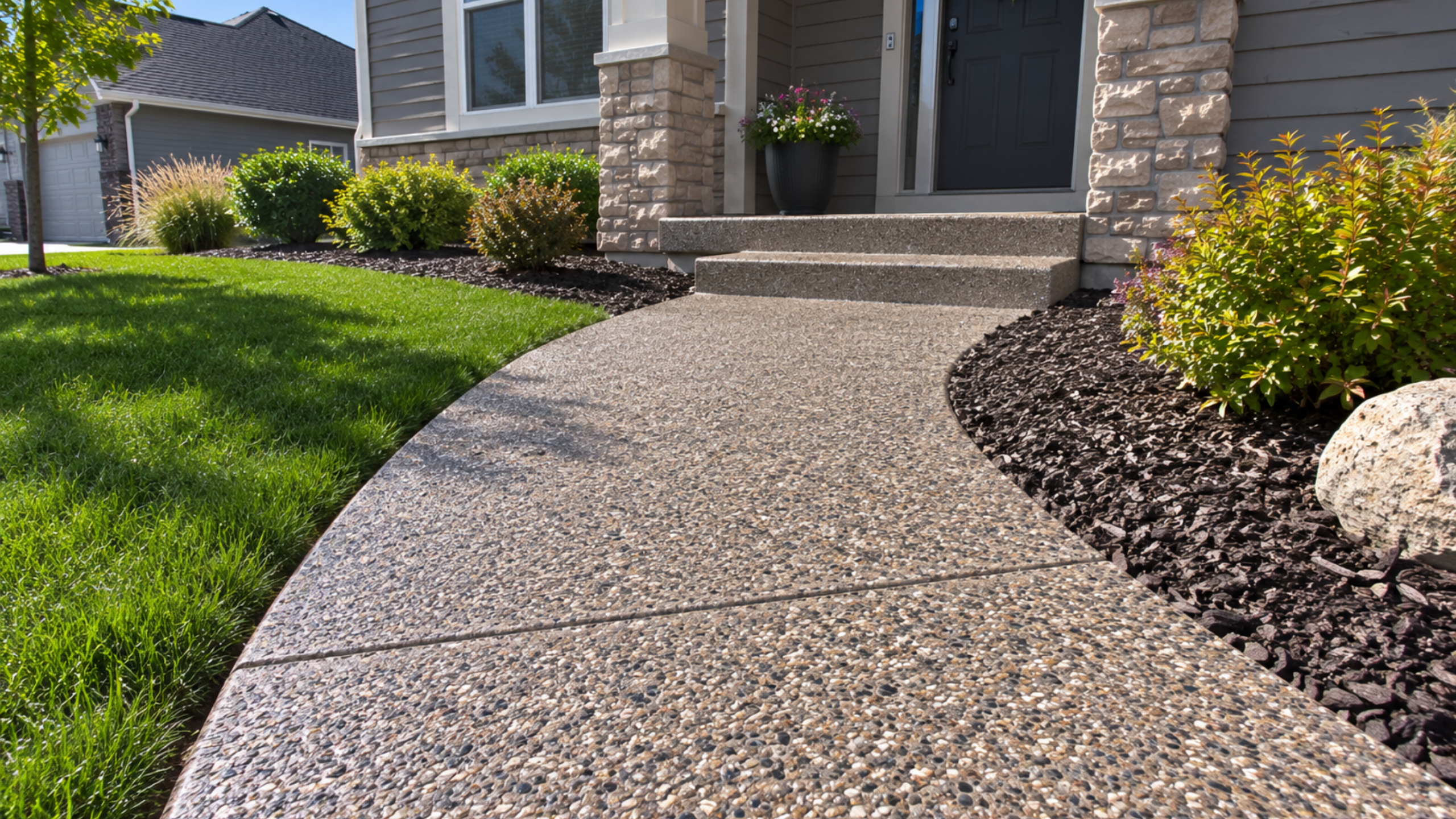 Pebble-finish concrete walkway leading to a house entrance in Des Moines, with landscaping.