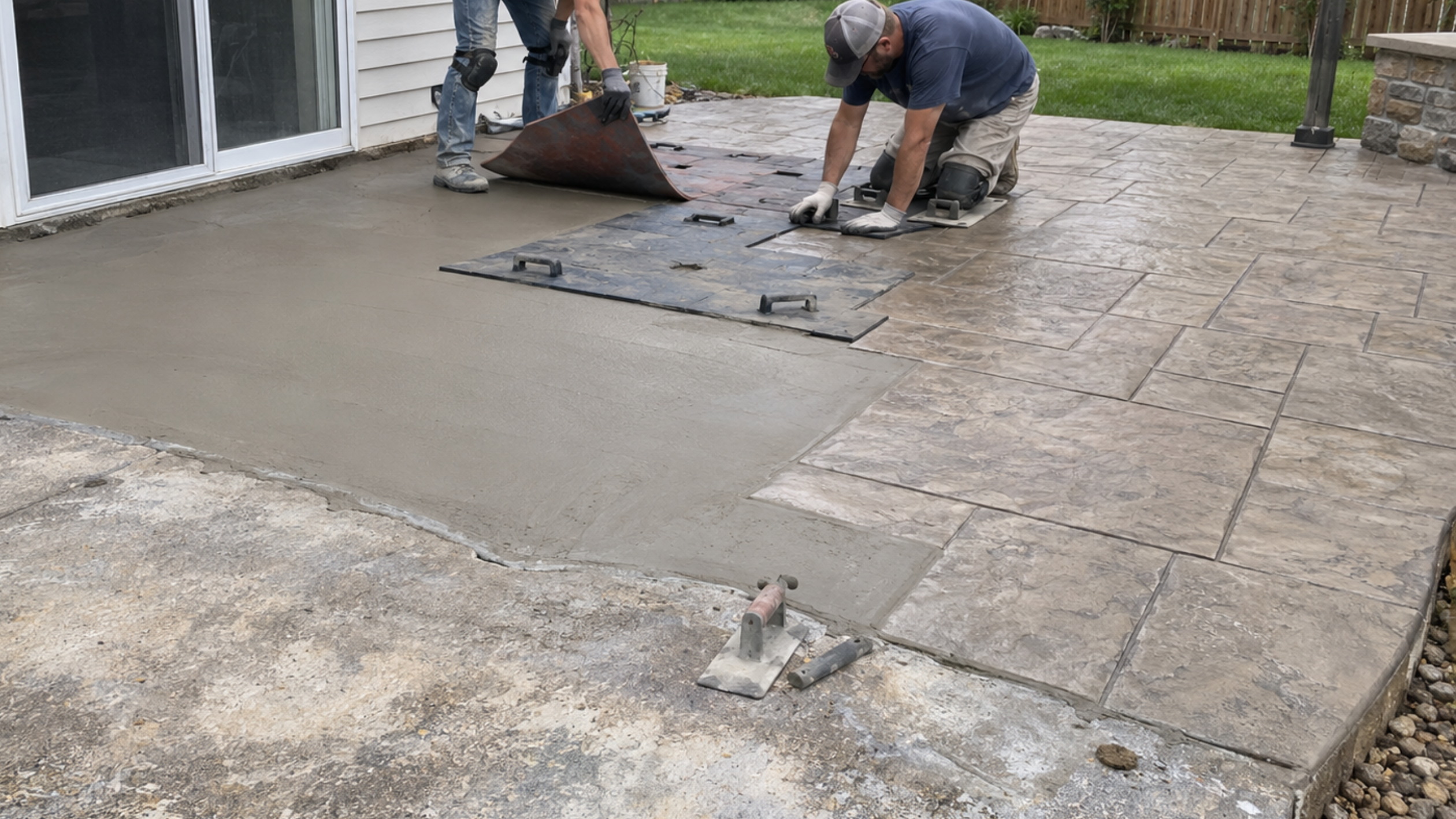Workers stamping concrete flooring for a patio in Des Moines