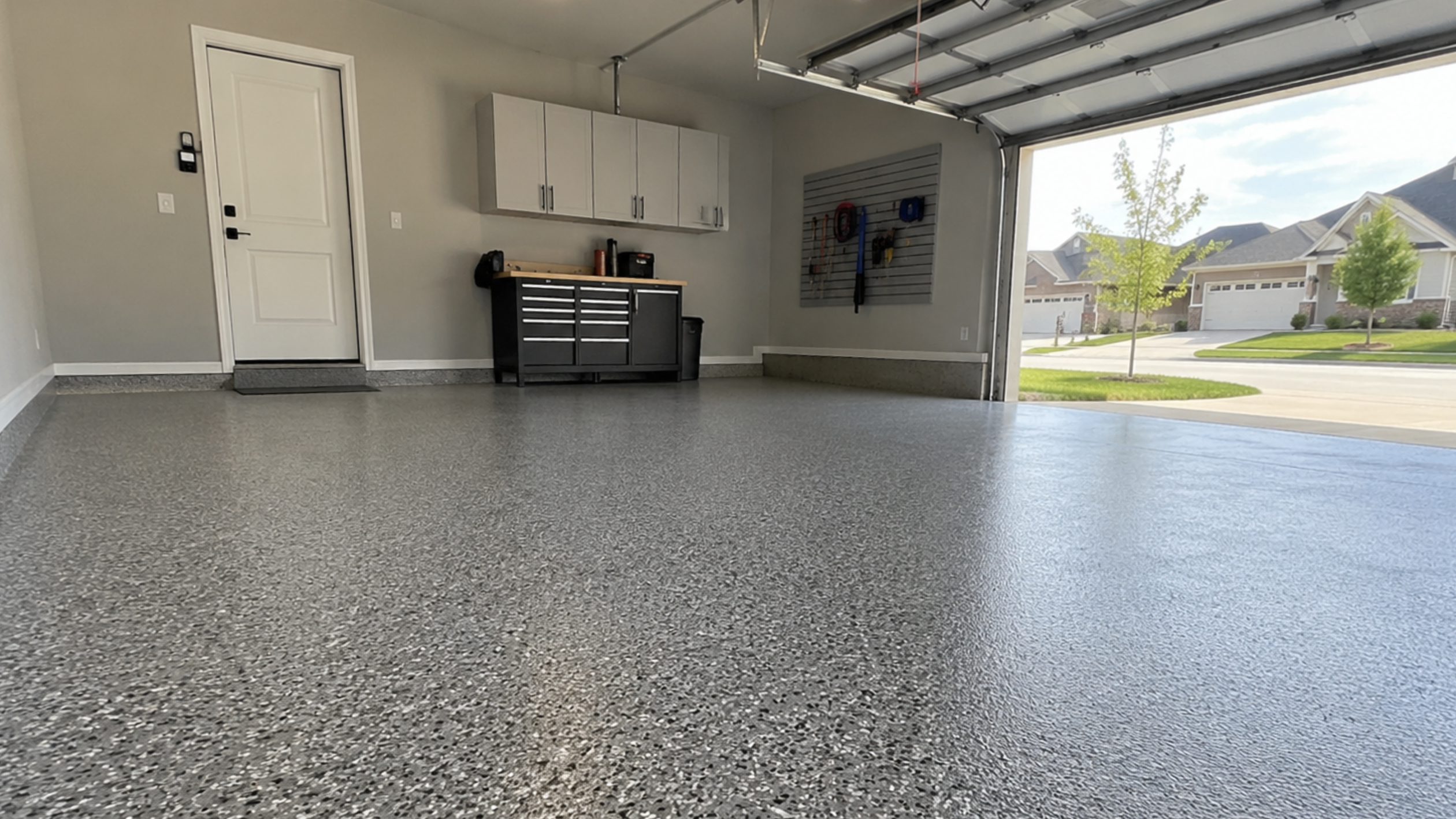 Modern garage with speckled epoxy concrete flooring and organized storage
