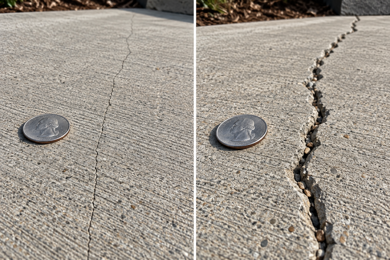 Concrete crack widening over time, with a quarter for scale. Why concrete cracks.