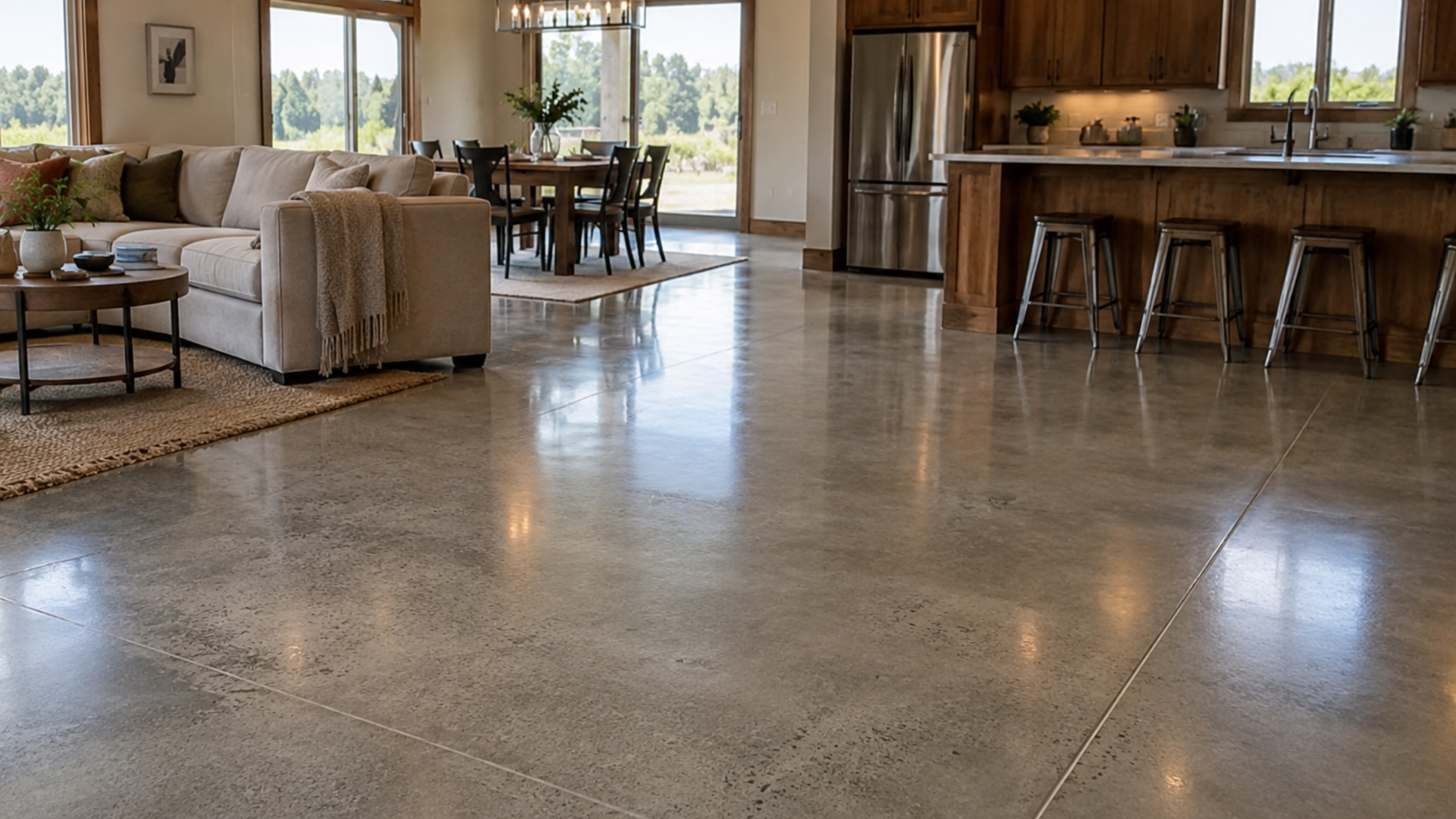 Modern living room with polished concrete flooring and open-plan kitchen.