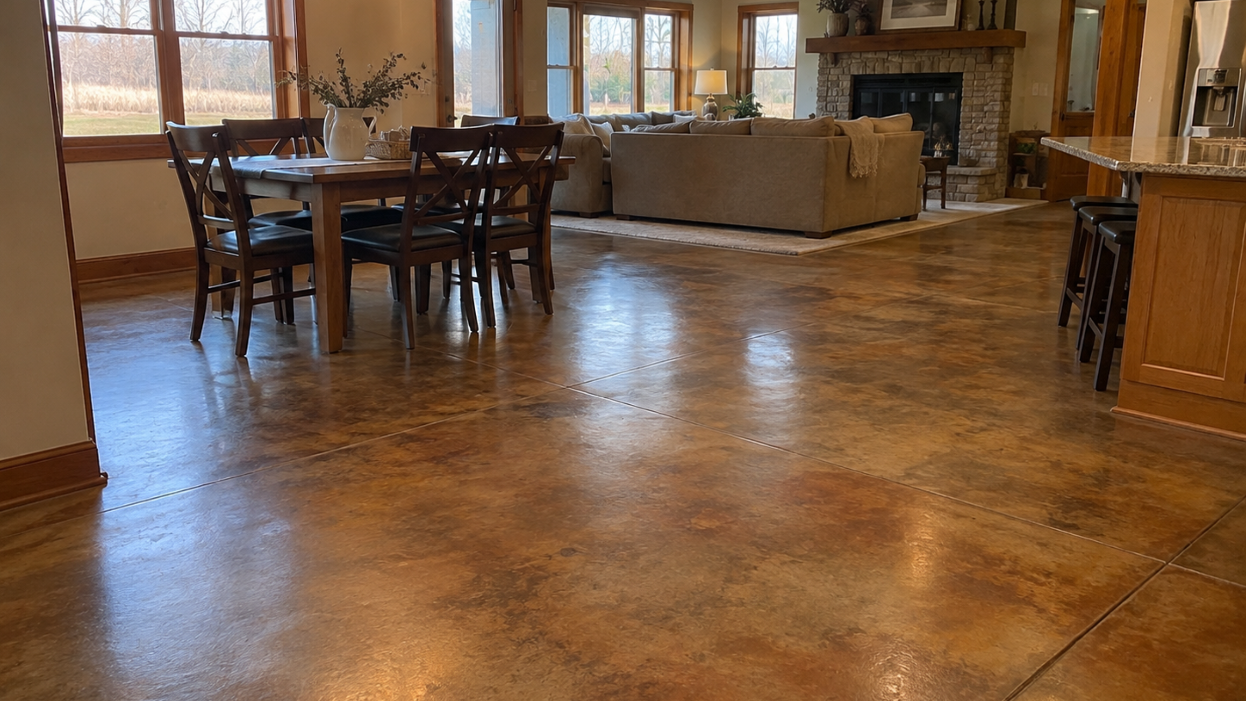 Stained concrete flooring in a living and dining area with natural light