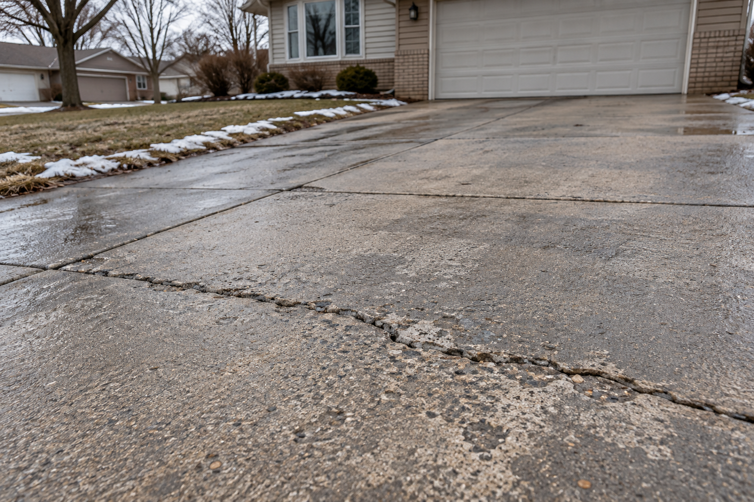 Cracked concrete driveway in Des Moines, showing wear on concrete flooring.