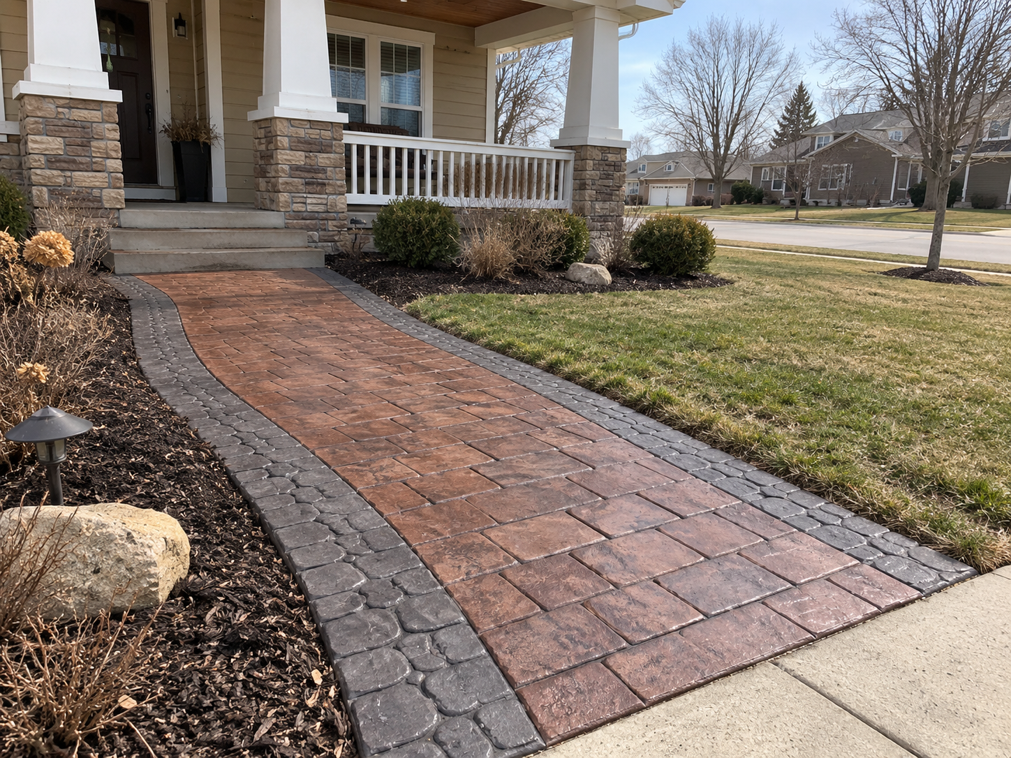 Stamped concrete walkway in Des Moines with brick pattern and charcoal border.