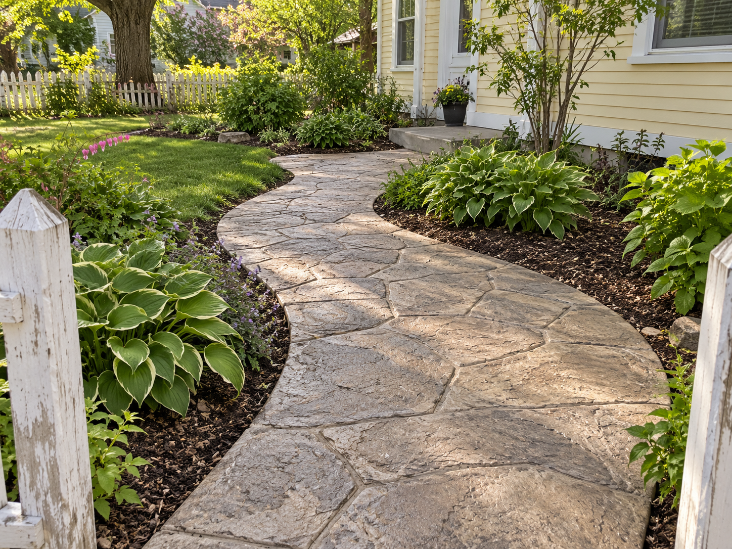 Stamped concrete walkway leading to a yellow house in Des Moines