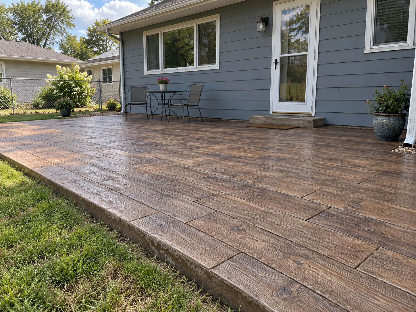 Stamped concrete patio in Des Moines with wood plank pattern